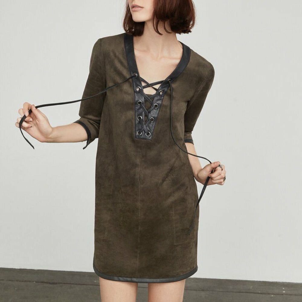 BCBG MAXAZRIA Faux Suede Dress XXS Lace Up Faux Leather Trim Brown 3/4 Sleeve